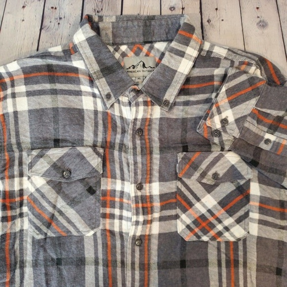 American Outback XL Button Down‎ Flannel Shirt Long Sleeve Gray Double Pocket